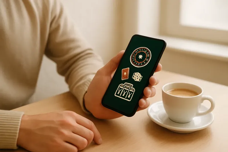 Person at cafe table using smartphone with dark casino app beside coffee
