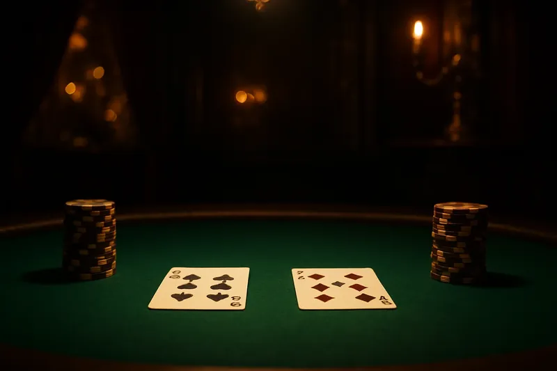 Face-up baccarat cards and chip stacks on green felt table